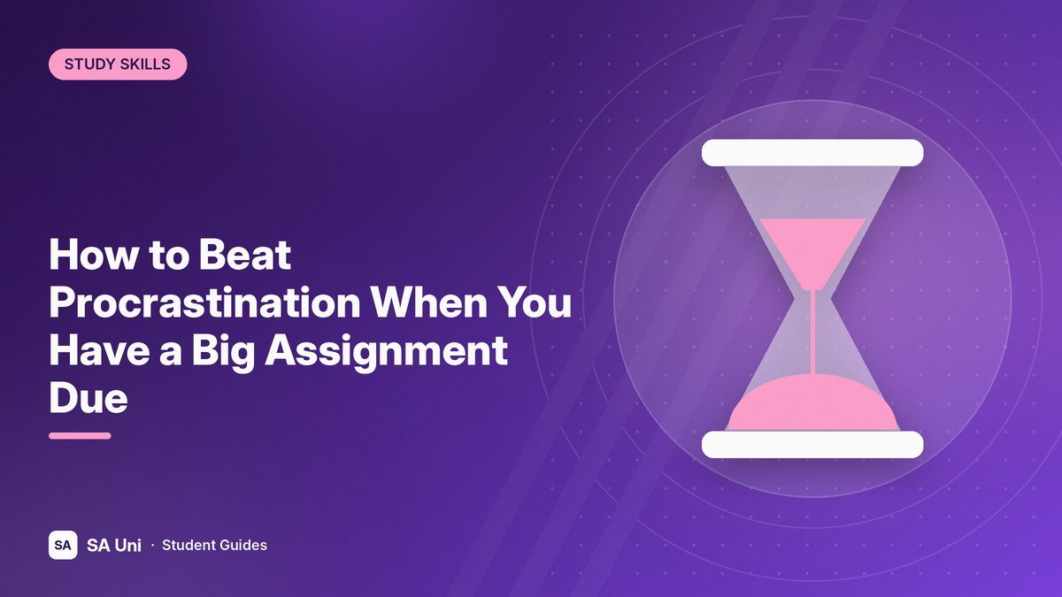 Illustration of an hourglass with sand running out for the SA Uni guide: How to Beat Procrastination When You Have a Big Assignment Due