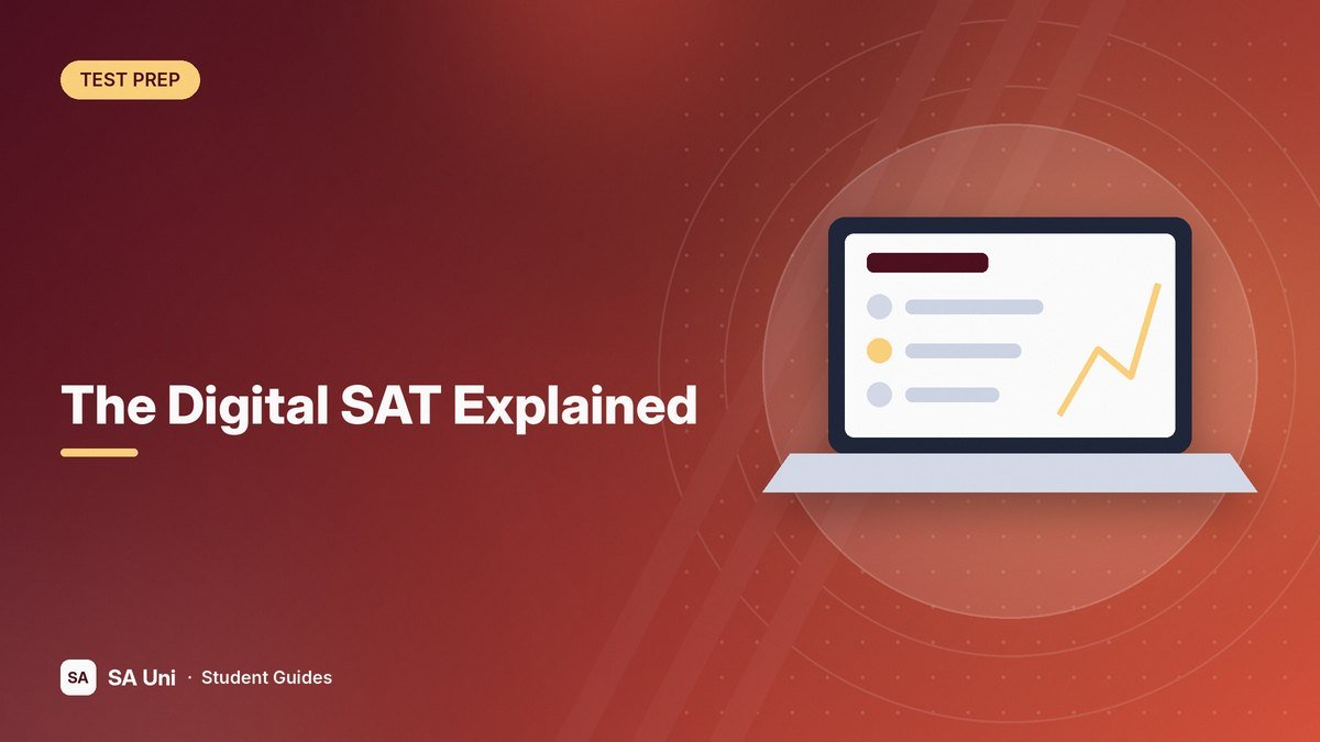 Illustration of a laptop showing a digital SAT question and graph for the SA Uni guide: The Digital SAT Explained