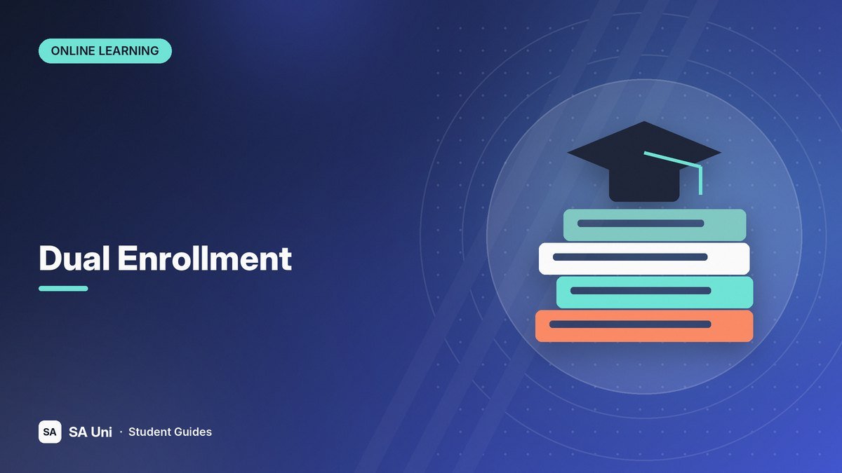 Illustration of a stack of textbooks topped with a graduation cap for the SA Uni guide: Dual Enrollment