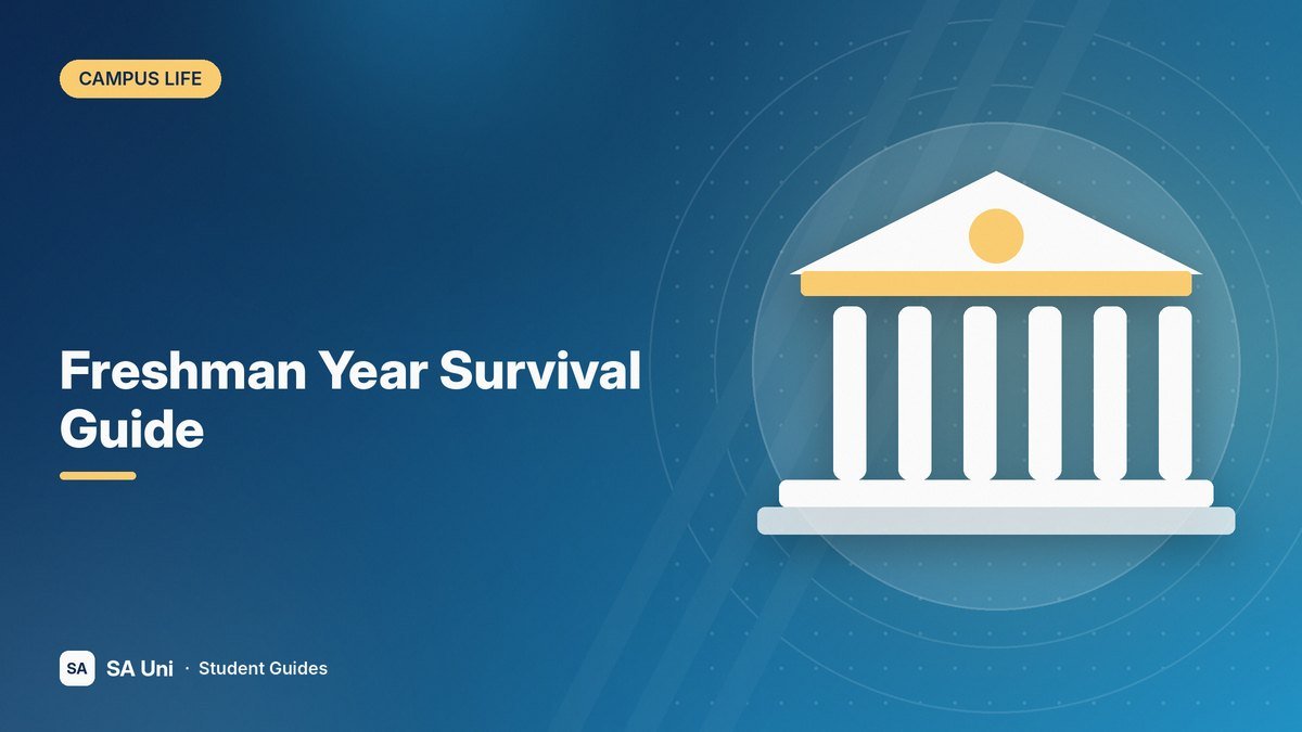 Illustration of a classic university building with columns for the SA Uni guide: Freshman Year Survival Guide