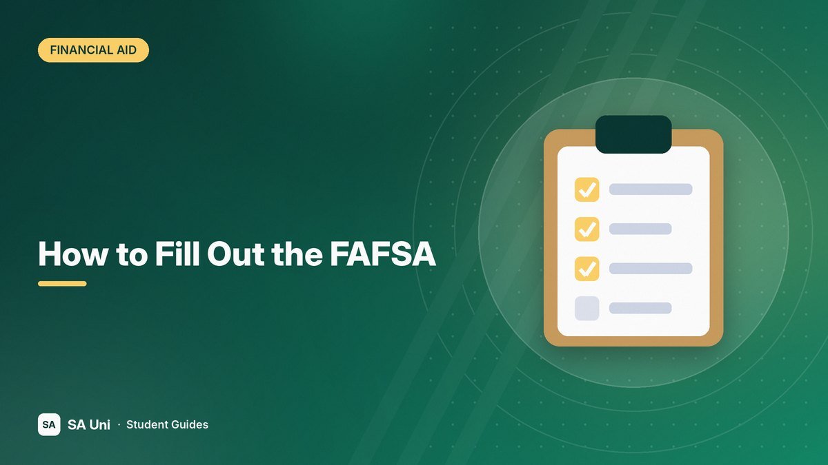 Illustration of a clipboard checklist with completed items for the SA Uni guide: How to Fill Out the FAFSA