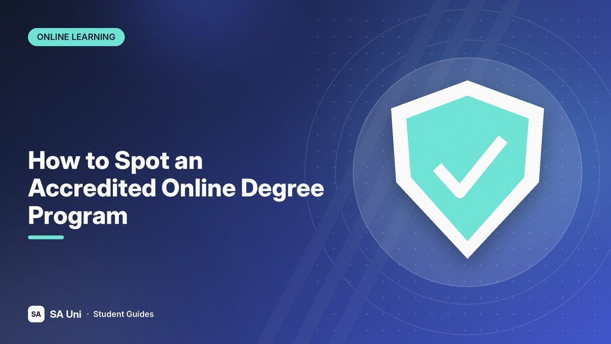 Illustration of a shield with a check mark symbolizing accreditation for the SA Uni guide: How to Spot an Accredited Online Degree Program