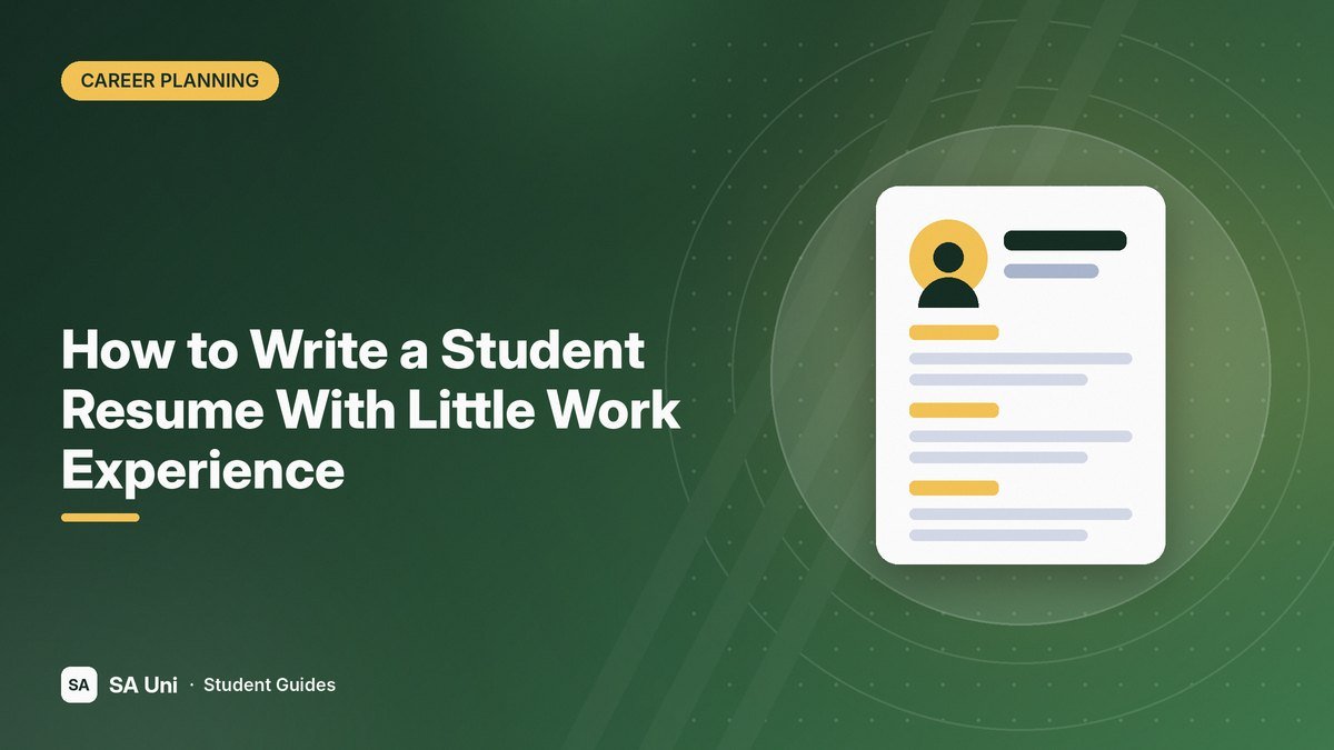 Illustration of a student resume with a profile photo and sections for the SA Uni guide: How to Write a Student Resume With Little Work Experience