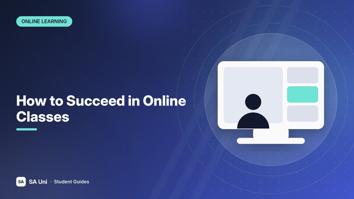 Illustration of a laptop screen showing an online class video call for the SA Uni guide: How to Succeed in Online Classes